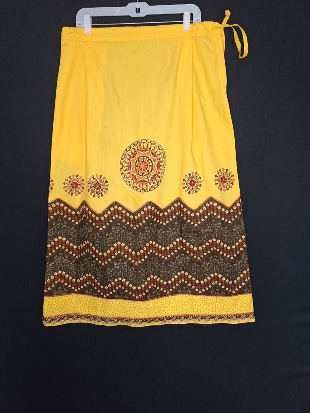 ๐ Yellow Cotton Maxi Skirt Boho Ethnic Border Print Size XL Side Tie Zipper Cot